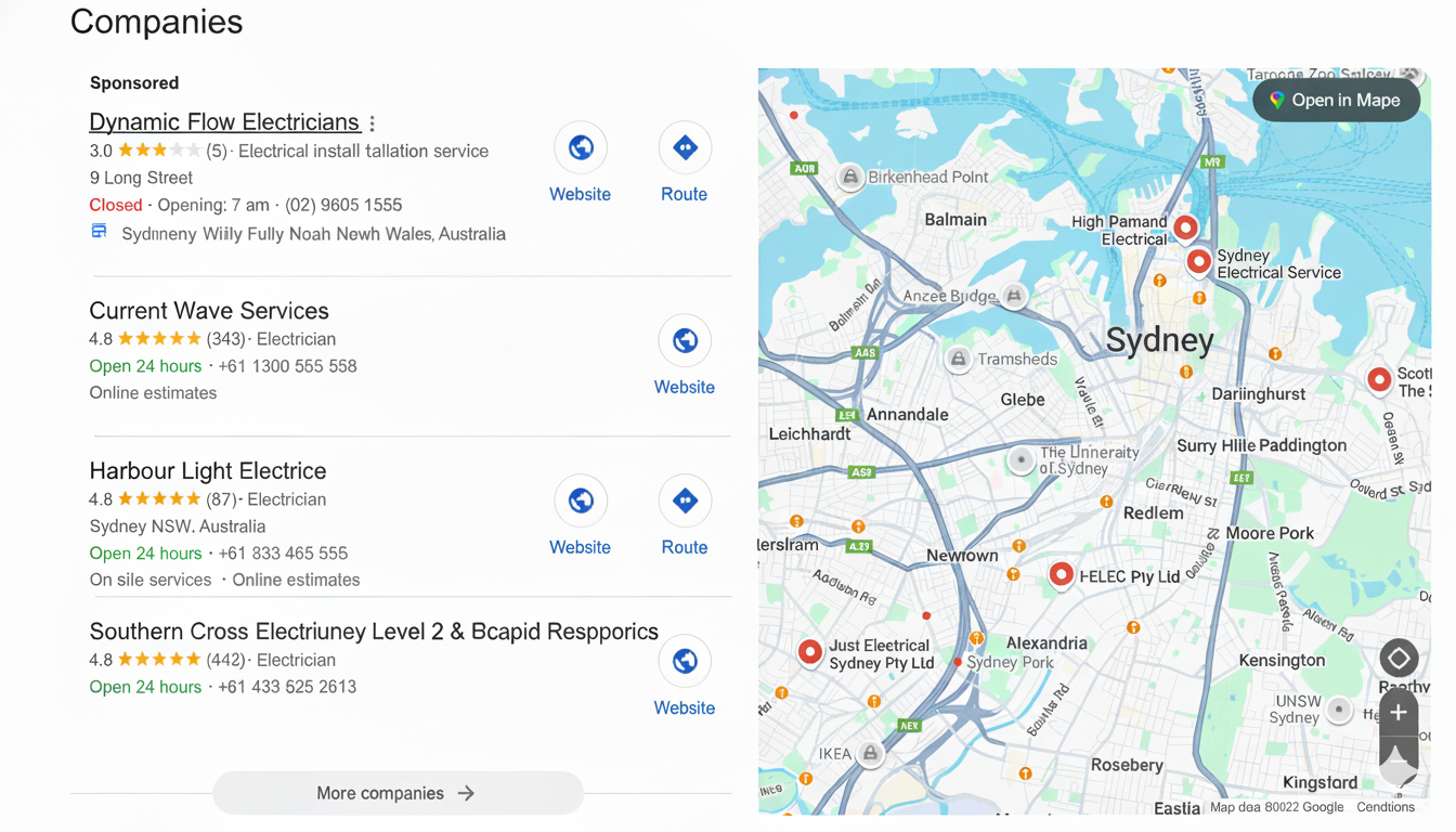 Google Maps search results showing electrician businesses in Sydney